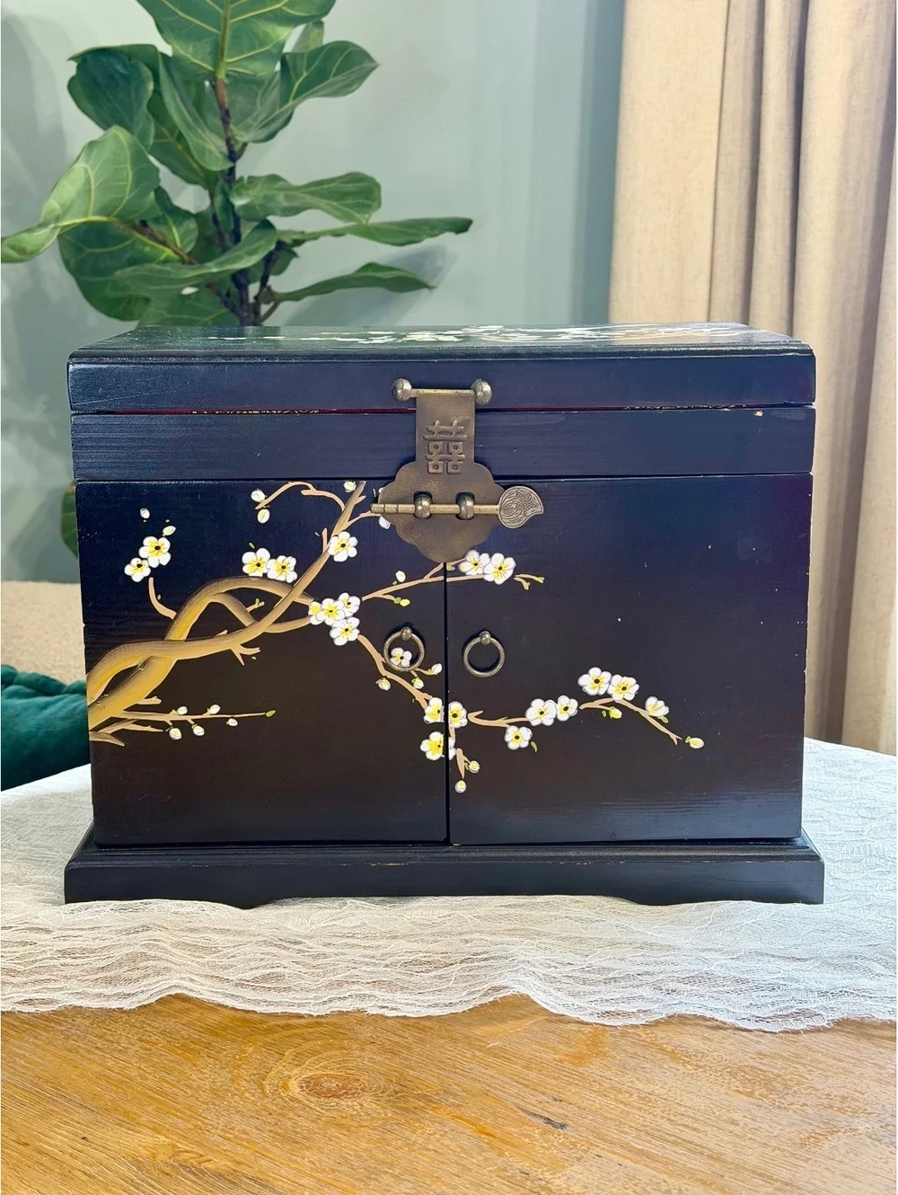 Vintage Chinese Lacquer Jewelry Box Hand Painted Birds Red Brocade